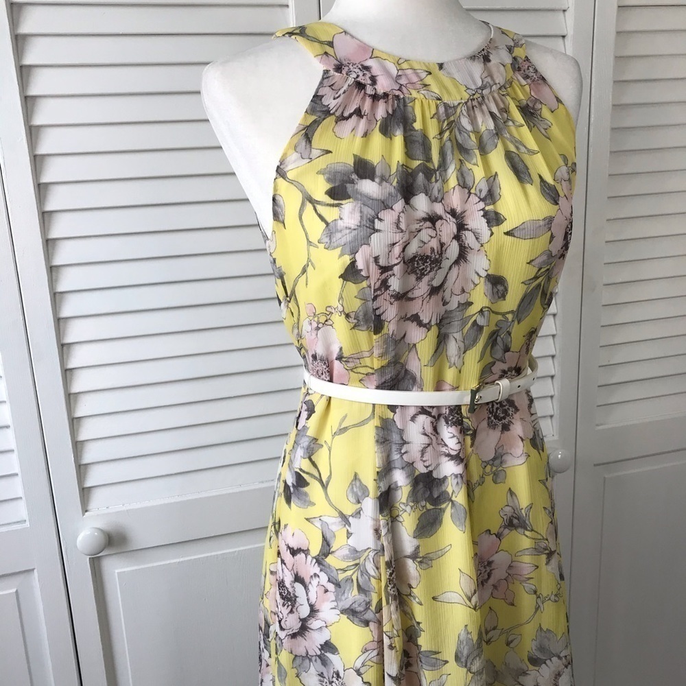 Price is firm TOMMY HILFIGER Yellow Floral Print Belted Midi Dress Size 4 - Picture 6 of 9